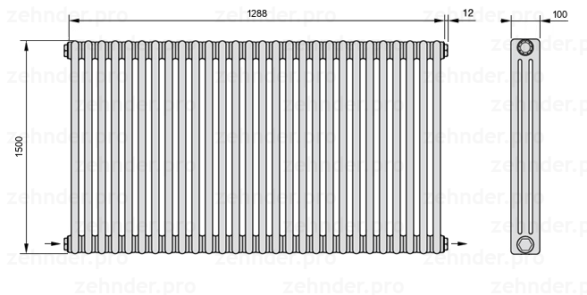 Схема (чертеж) Радиатор Zehnder Charleston 3150/28 №2670 Белый глянцевый RAL 9016